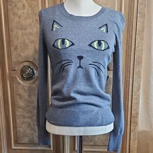 Halogen Gray Cat Face Knit Sweater with Green Eyes NWT Size XS